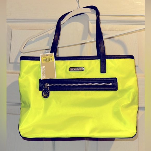 NWT Michael Kors Neon Yellow Green Nylon Tote Purse w/ Black Trimming - Main Image